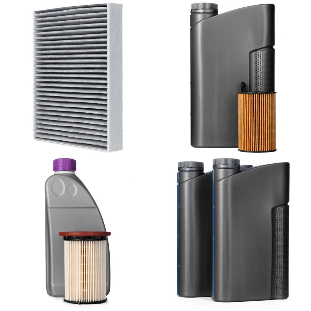 Car parts: air filters and engine oil on white background